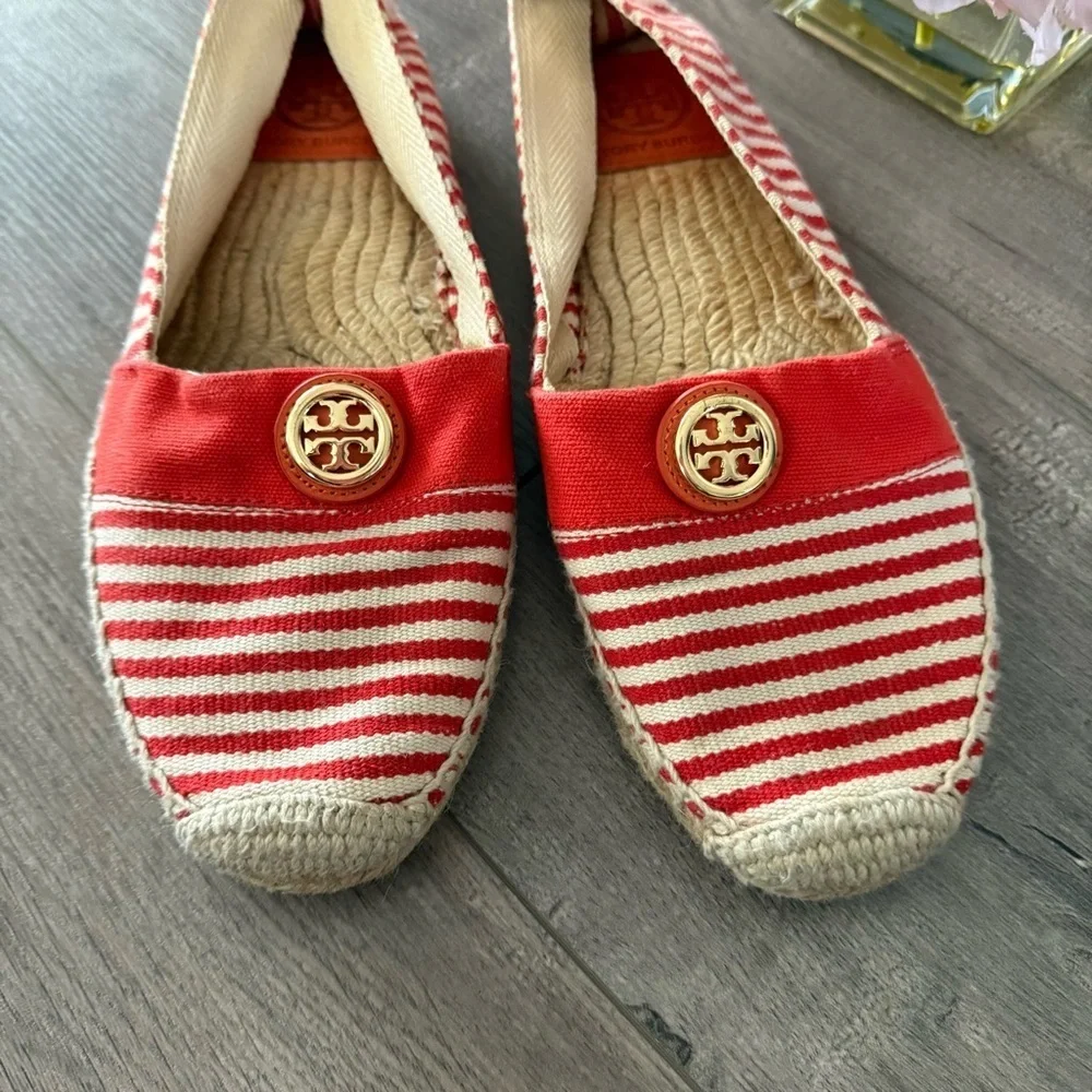 Tory Burch‎ Red Orange Striped Linen Slide On Espadrilles